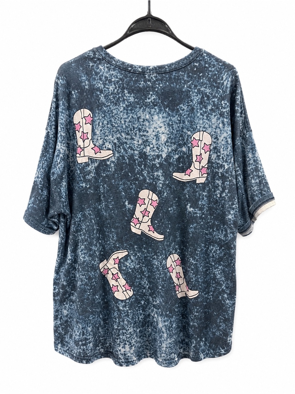 Acid-Wash Navy Tee with Pink Star Cowboy Boots